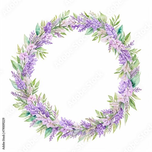 Watercolor Lilac, Lilac flower wreath laurel. Decoration for weddings, wedding design, wedding invitation, Mother's day card.