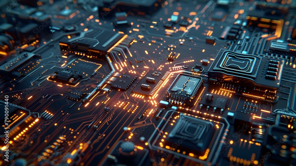 a circuit board, showcasing its complex pathways and components, captured in full ultra HD high resolution for stunning clarity.