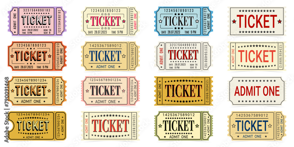 Obraz premium Set of retro admit one ticket to cinema, exhibition, museum, festival, theater isolated on white background, vector.
