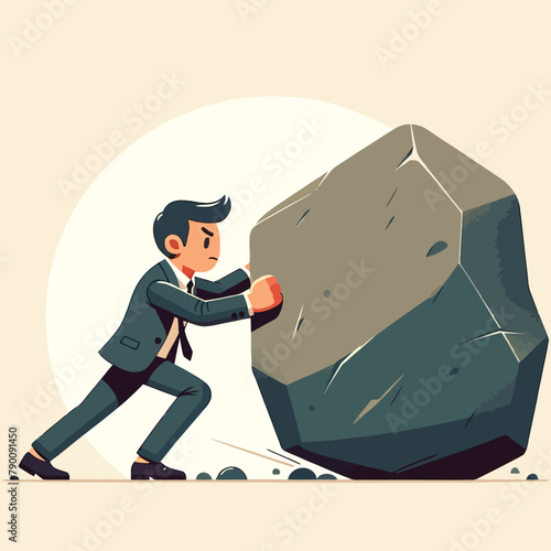 illustration of a business man working hard to remove a boulder
