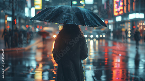 Woman with an umbrella walking on an empty city street during rain. Defocused image of pedestrians carrying umbrella walking in downtown city street during rain. Women walking with umbrella on rainy 