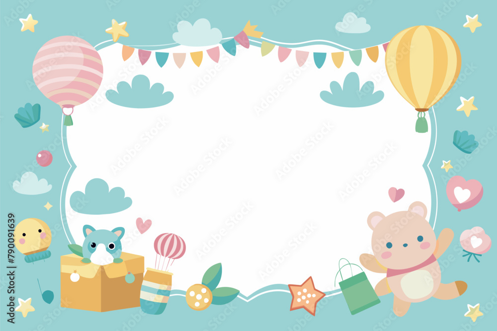 A children's birthday party frame with balloons, cupcakes, and other party decorations. Scene is festive and joyful A children's birthday party frame with balloons, cupcakes, and other party decorations. Scene is festive and joyful