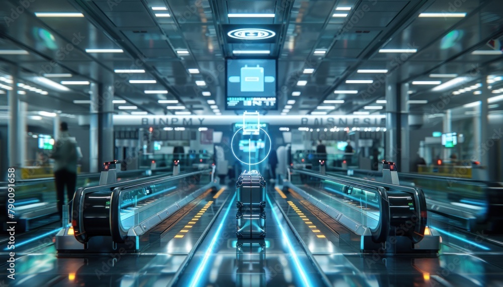 Fototapeta premium a futuristic airport with escalators and people walking down them