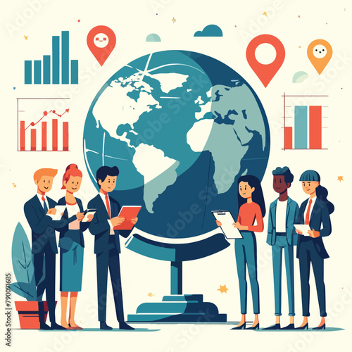 illustration of team discussing global investment while standing near a globe
