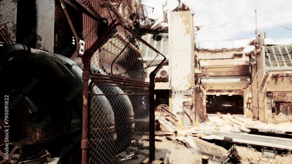 A rusted out building with a chain link fence A rusted out building with a chain link fence