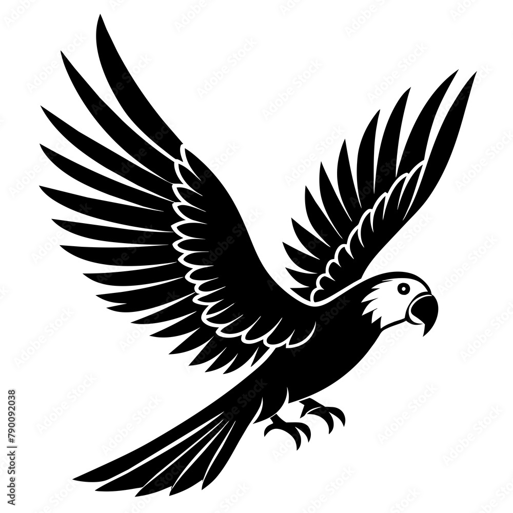 Fototapeta premium Parrot bird fly on white silhouette vector style with white and black solid color with vector and line art . silhouette black on white background, Looks clean silhouette vector style