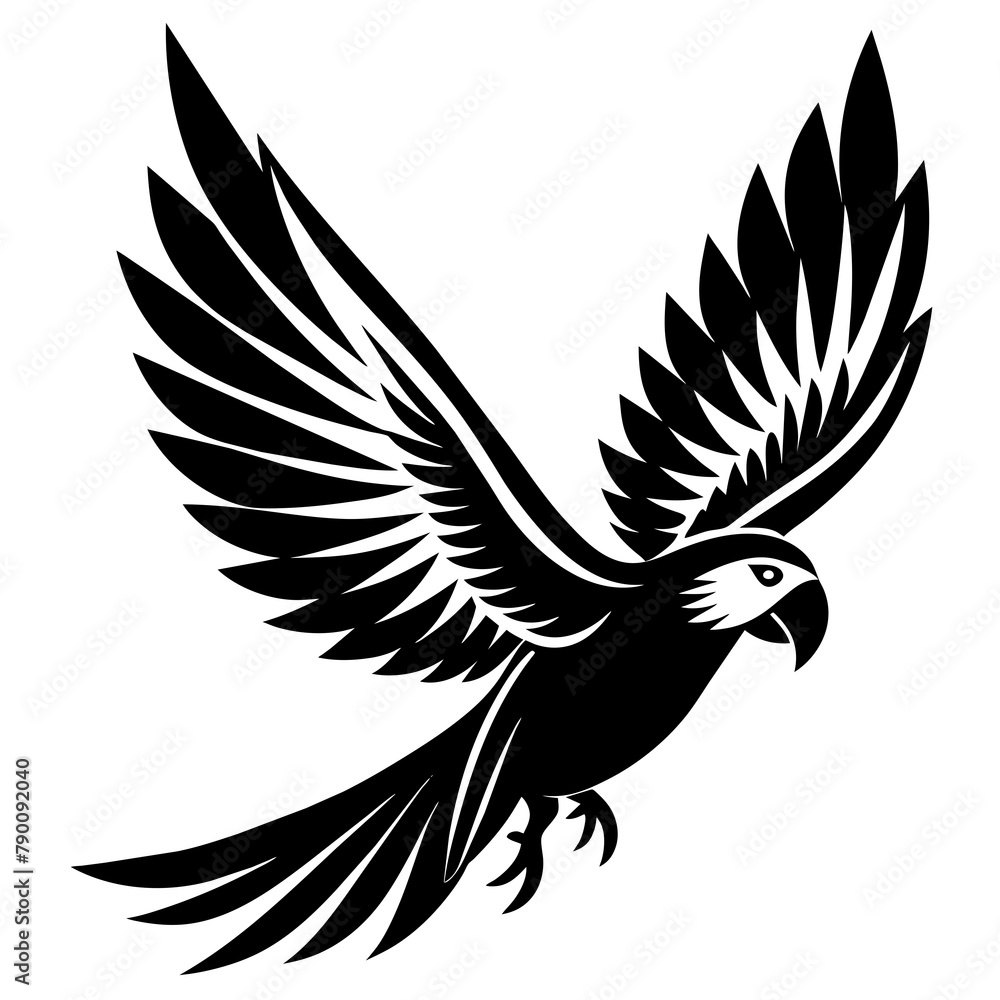 Fototapeta premium Parrot bird fly on white silhouette vector style with white and black solid color with vector and line art . silhouette black on white background, Looks clean silhouette vector style