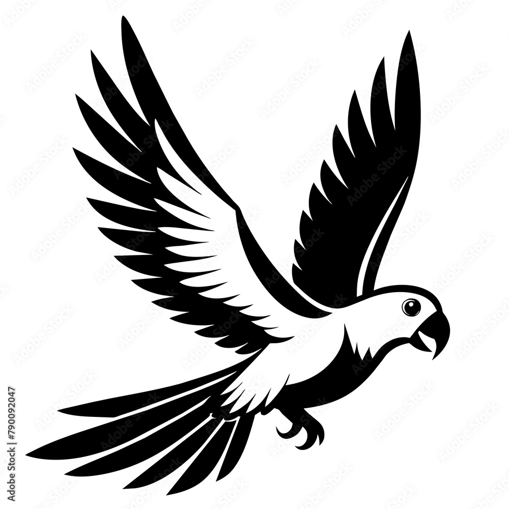 Fototapeta premium Parrot bird fly on white silhouette vector style with white and black solid color with vector and line art . silhouette black on white background, Looks clean silhouette vector style