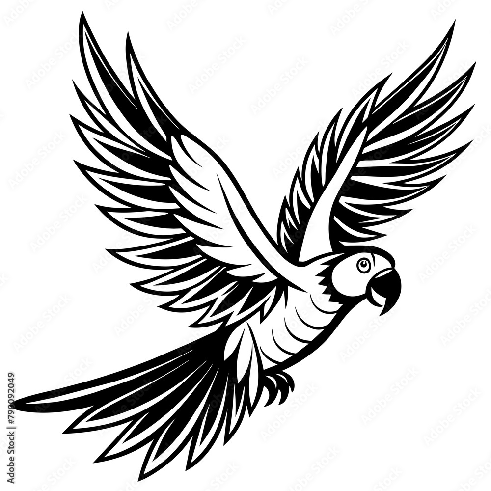 Obraz premium Parrot bird fly on white silhouette vector style with white and black solid color with vector and line art . silhouette black on white background, Looks clean silhouette vector style