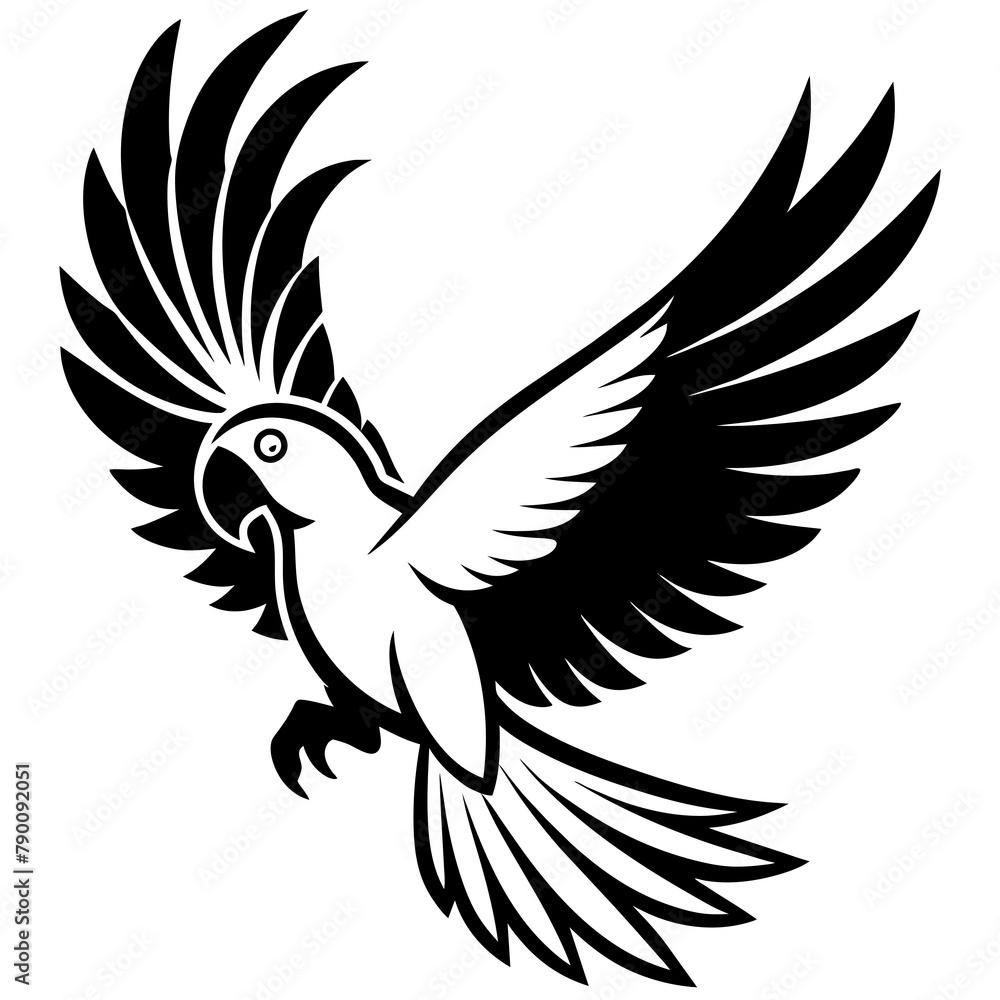 Fototapeta premium Parrot bird fly on white silhouette vector style with white and black solid color with vector and line art . silhouette black on white background, Looks clean silhouette vector style