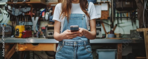 A young woman wear in work clothes using her smartphone. Works in a workshop.