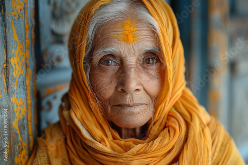 An elderly woman with a knowing smile and wise gaze, exuding experience and insight