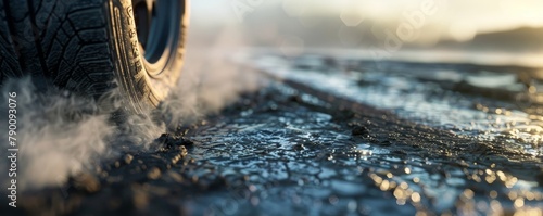 A highway mirage where the rubber meets the road, and tires begin to blend into the hot asphalt