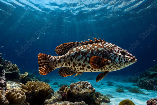 Malabar grouper swimming in tropical underwaters. Grouper in underwater world. Observation of animal world. Scuba diving adventure in South Africa coast of RSA