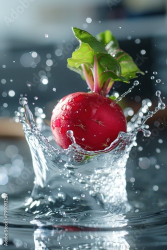 A radish is dropping into a glass of water, creating a splash in liquid art