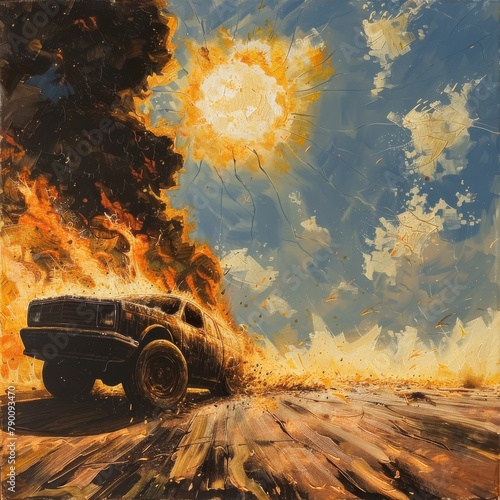 Scorching sun blazes above, as car tires begin to soften and meld with the searing asphalt photo