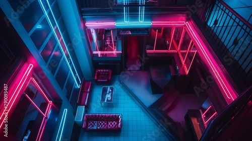 A bird's-eye view of a neon-lit hotel room, with the glowing lights outlining the contours of the furniture and casting intriguing shadows on the floor below. © SAJAWAL JUTT