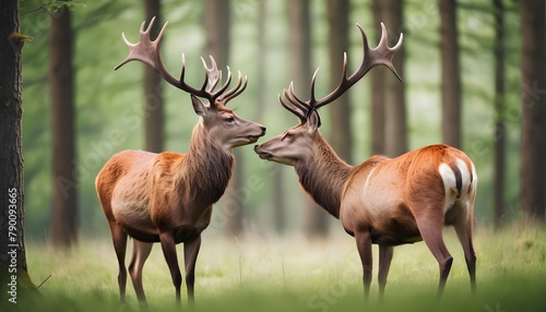 Two-red-deer--cervus-elaphus--standing-close-together-and-touching-with-noses-in-woodland-in-summer-nature--Wild-animals-couple-looking-to-each-other-in-forest--Stag-and-hind-smelling-in-wilderness