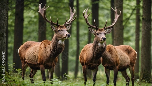 Two-red-deer--cervus-elaphus--standing-close-together-and-touching-with-noses-in-woodland-in-summer-nature--Wild-animals-couple-looking-to-each-other-in-forest--Stag-and-hind-smelling-in-wilderness