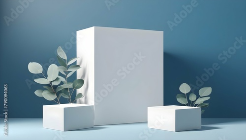 Abstract-empty-white-podium-cube-with-eucalyptus-leaves-and-shadows-on-blue-background--Mock-up-stand-for-product-presentation--3D-Render--Minimal-concept--Advertising-template photo