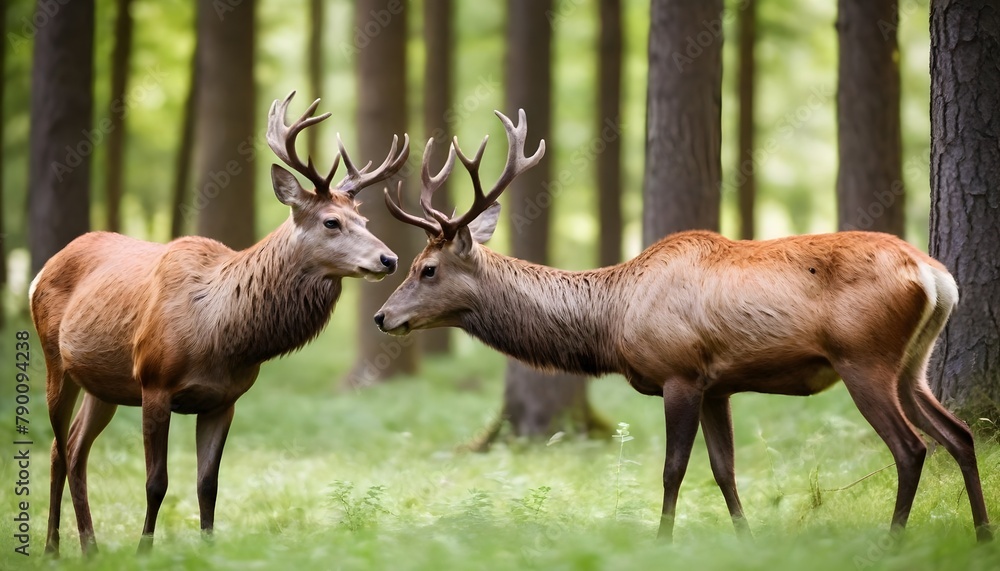 Two-red-deer--cervus-elaphus--standing-close-together-and-touching-with-noses-in-woodland-in-summer-nature--Wild-animals-couple-looking-to-each-other-in-forest--Stag-and-hind-smelling-in-wilderness Two-red-deer--cervus-elaphus--standing-close-together-and-touching-with-noses-in-woodland-in-summer-nature--Wild-animals-couple-looking-to-each-other-in-forest--Stag-and-hind-smelling-in-wilderness