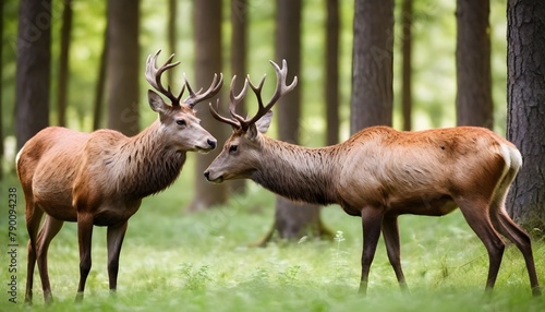 Two-red-deer--cervus-elaphus--standing-close-together-and-touching-with-noses-in-woodland-in-summer-nature--Wild-animals-couple-looking-to-each-other-in-forest--Stag-and-hind-smelling-in-wilderness 