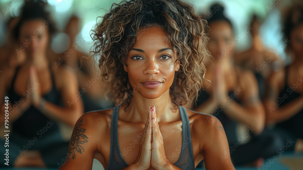 yoga instructor looking at camera during a yoga class