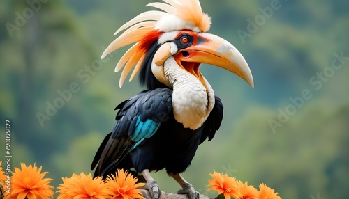 Portrait-of-colourful-hornbill-native-to-Indonesia--Knobbed-Hornbill--Aceros-cassidix--Huge-bird-with-gold-bristled-feathers-on-the-blue-neck--blurred-orange-flowers-in-background-Bird-of-Sulawesi photo