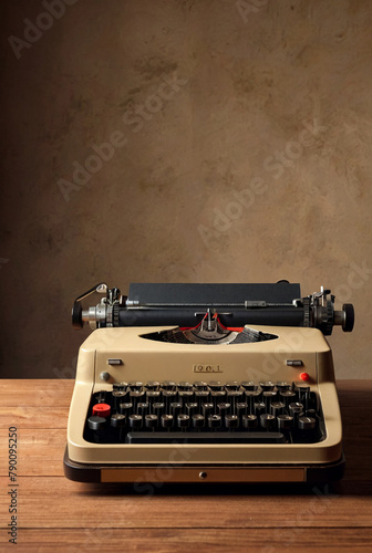 Old classic retro typewriter on dusty Desk against beige wall background. Close-up of Soviet-era typewriter. Copy space