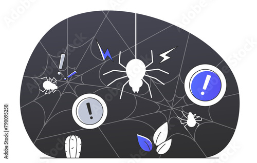 Spiders on a web with alert symbols, set against a dark background, depicting an abstract concept of danger or warning. Vector illustration