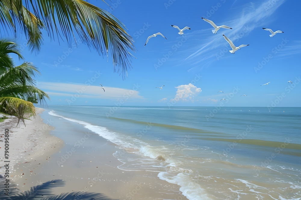 Tranquil beach scene with calm ocean waters and clear blue sky. Serene oasis of solitude