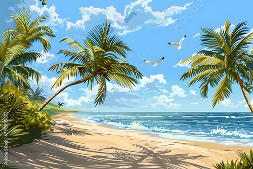 Peaceful beach scene with calm ocean waters and clear blue sky. Serene oasis of solitude