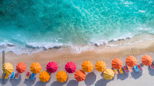 colorful parasols on a beach by the sea