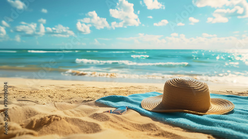 A beach towel spread out on the golden sand  with a sunhat and sunglasses resting on it  suggesting the presence of a girl enjoying a relaxing day at the beach  against a backdrop of clear blue sky an