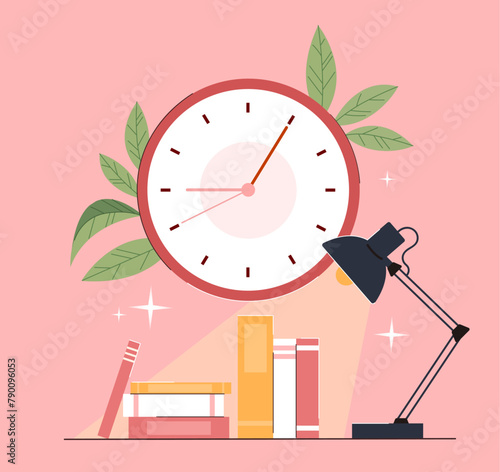 Desk setup with a clock, lamp, and books on a pink background, concept of time management. Flat vector illustration