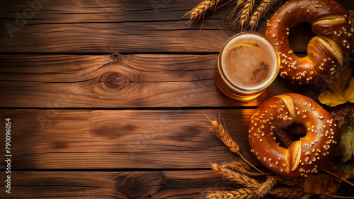 Oktoberfest beer with pretzel, wheat and hops on wooden table with copy space