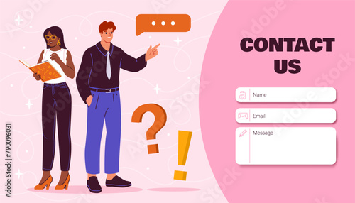 Two illustrated characters with a map and speech bubble on a pink background, concept of customer support. Flat cartoon vector illustration
