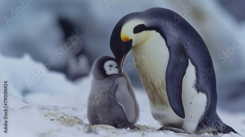 A baby penguin is standing next to an adult penguin photo