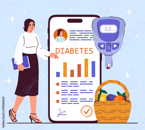 Woman with diabetes management elements, graphs and a blood glucose meter, on a light blue background, portraying health awareness. Flat vector illustration