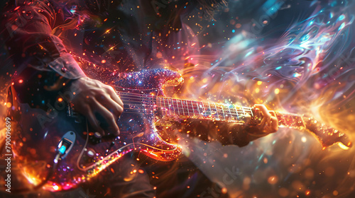 A man is playing a guitar with a colorful design on it
