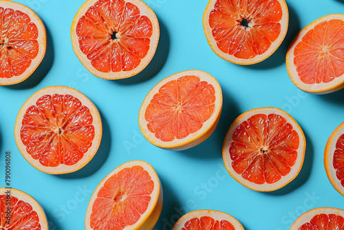 Circle of Fresh Grapefruits on Blue Background with Copy Space for Text