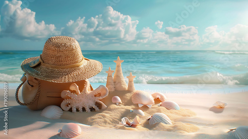 A straw hat and a beach bag lying next to a sandcastle adorned with seashells, indicating the playful presence of a girl enjoying a day of sun and sand, against the serene backdrop of a calm sea photo
