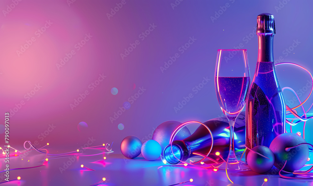 party background with bottle champagne wine with glass colorful ultraviolet - obrazy, fototapety, plakaty 