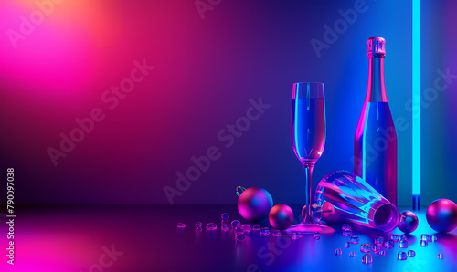 party background with bottle champagne wine with glass colorful ultraviolet