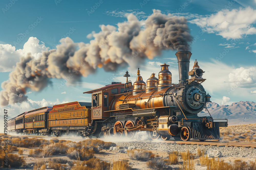 Fototapeta premium Old steam train passes through the fields