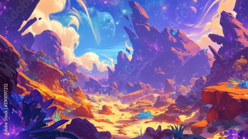 Explore a vibrant fantasy world filled with purple alien planets cartoon backgrounds and breathtaking landscapes featuring majestic mountains and rocky terrains Embark on an adventure to unc