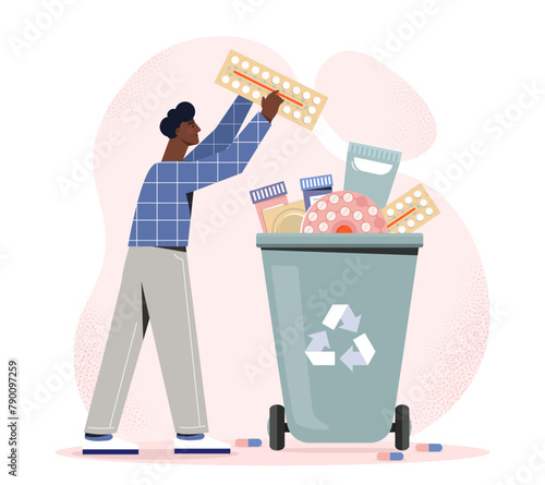 Man discarding medications in a recycling bin, vector illustration on a pink background, concept of proper disposal. Flat vector illustration