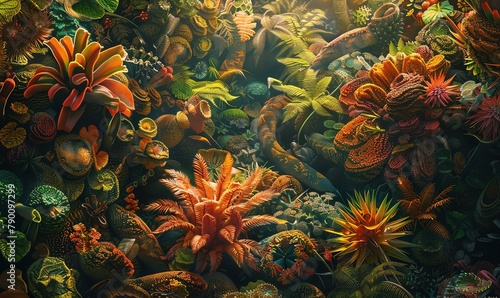 Produce a detailed oil painting capturing an aerial view of an otherworldly, uncommon botanical sanctuary, showcasing vibrant, surreal plant life and fantastical scenery