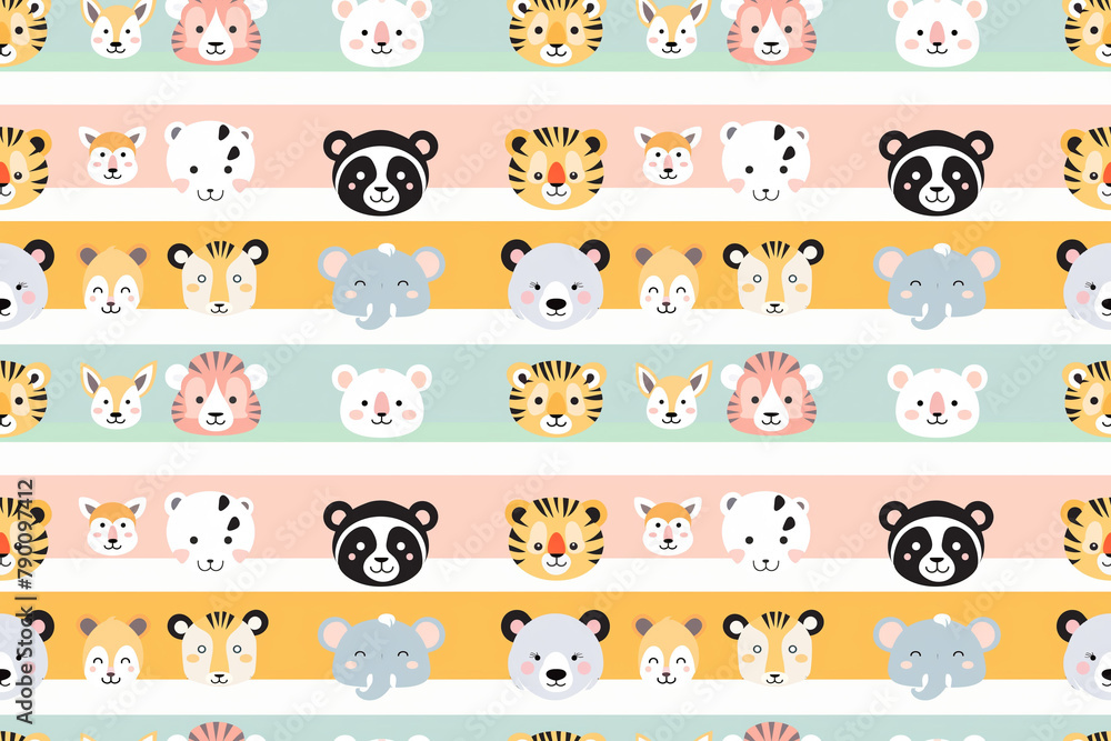 cute animal faces on striped pastel backgrounds