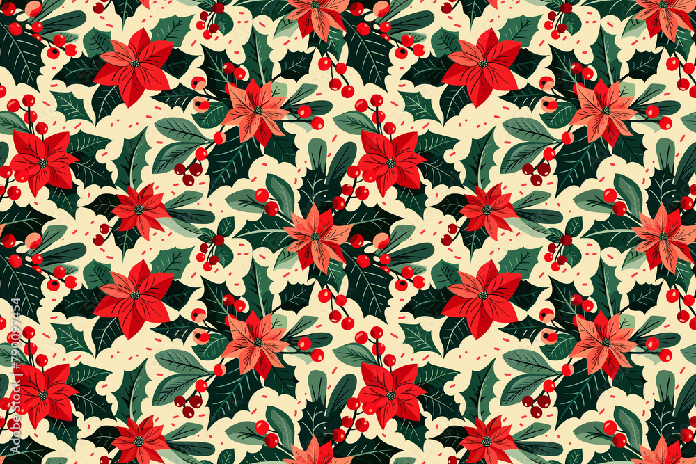 Festive Christmas flora with poinsettias and berries on cream Festive Christmas flora with poinsettias and berries on cream